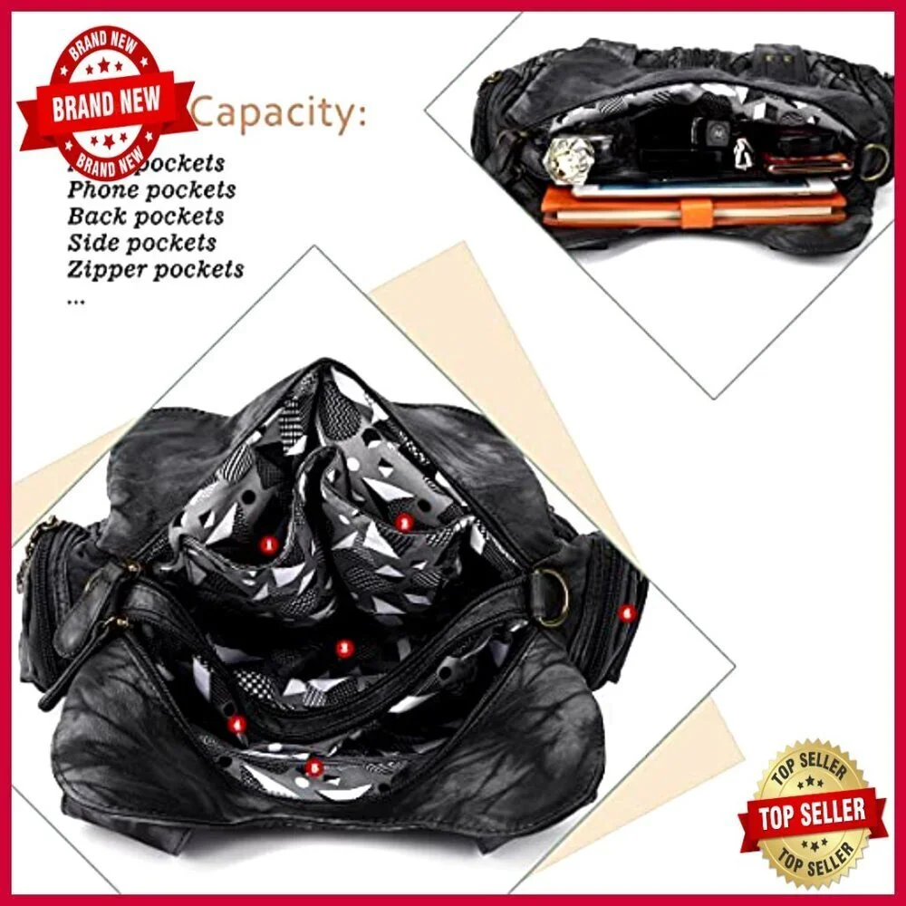 Large Soft Hobo Shoulder Bag Tote with Multiple Pockets Adjustable Strap